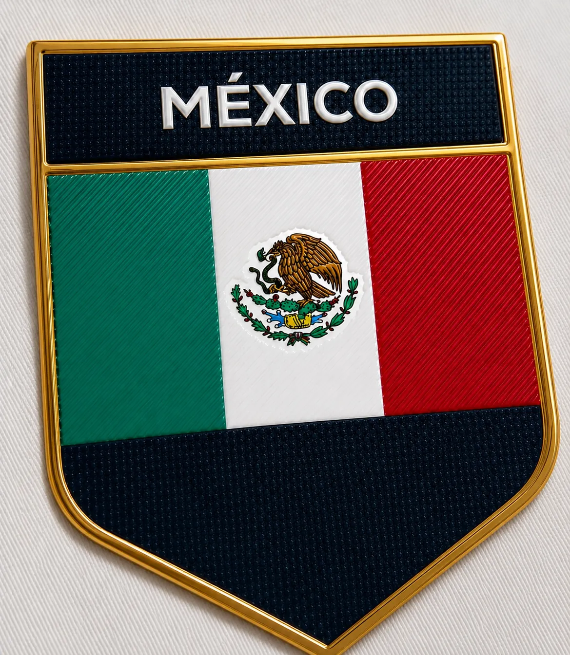 Detalle de emblema TPU en forma de escudo con bandera de México y bordes dorados